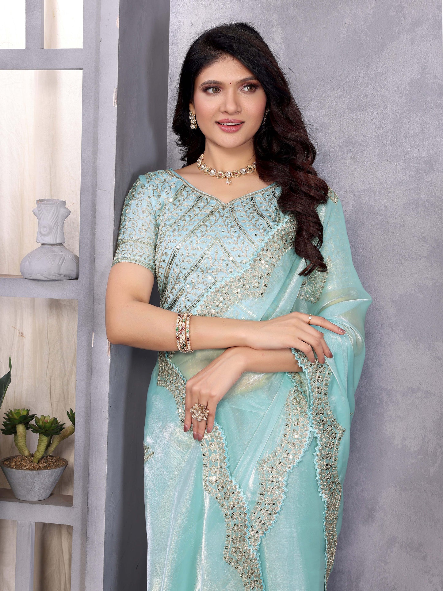 New Sky blue Color Chiffon Embroidery Work Party Wear Saree