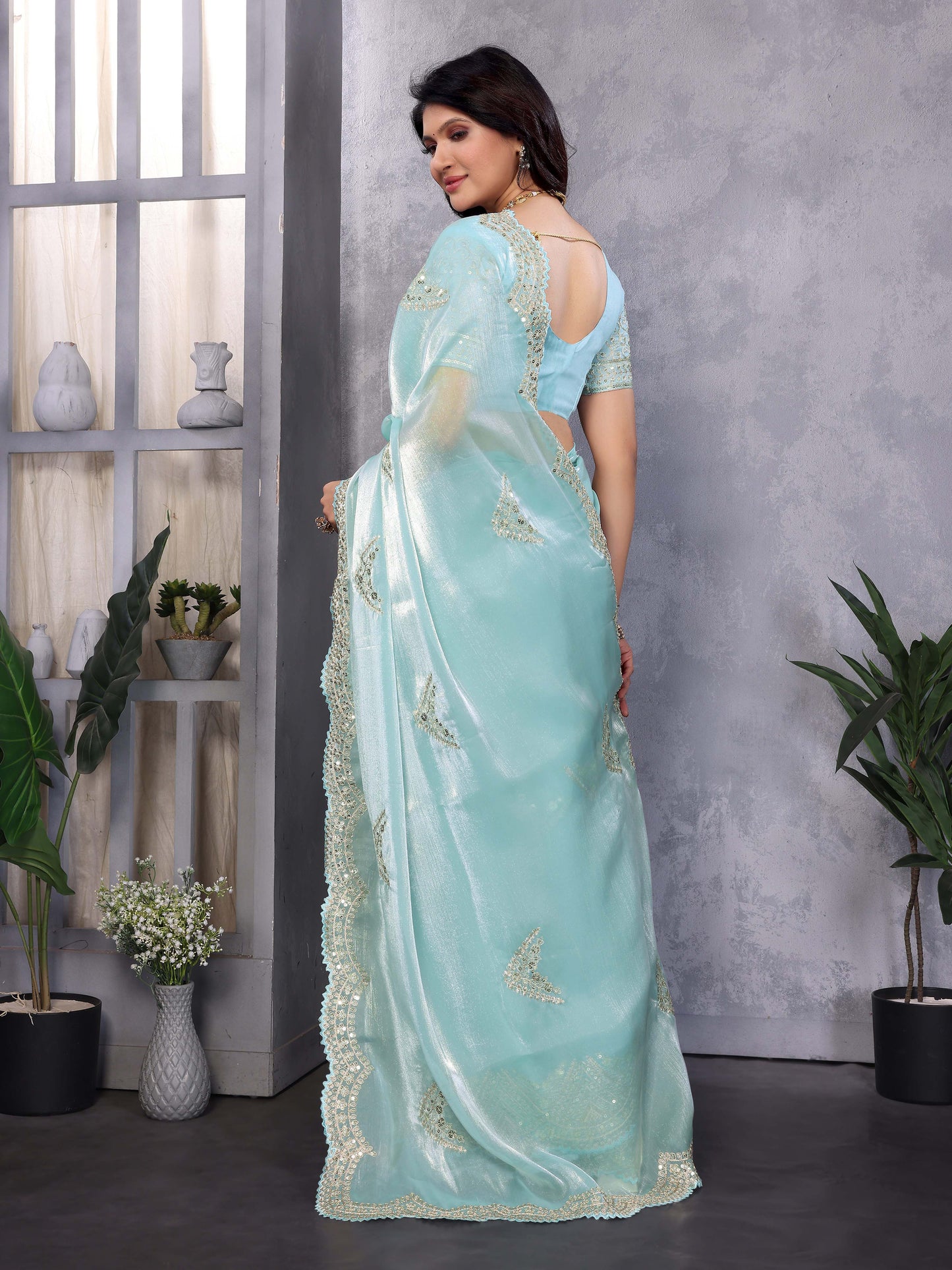 New Sky blue Color Chiffon Embroidery Work Party Wear Saree