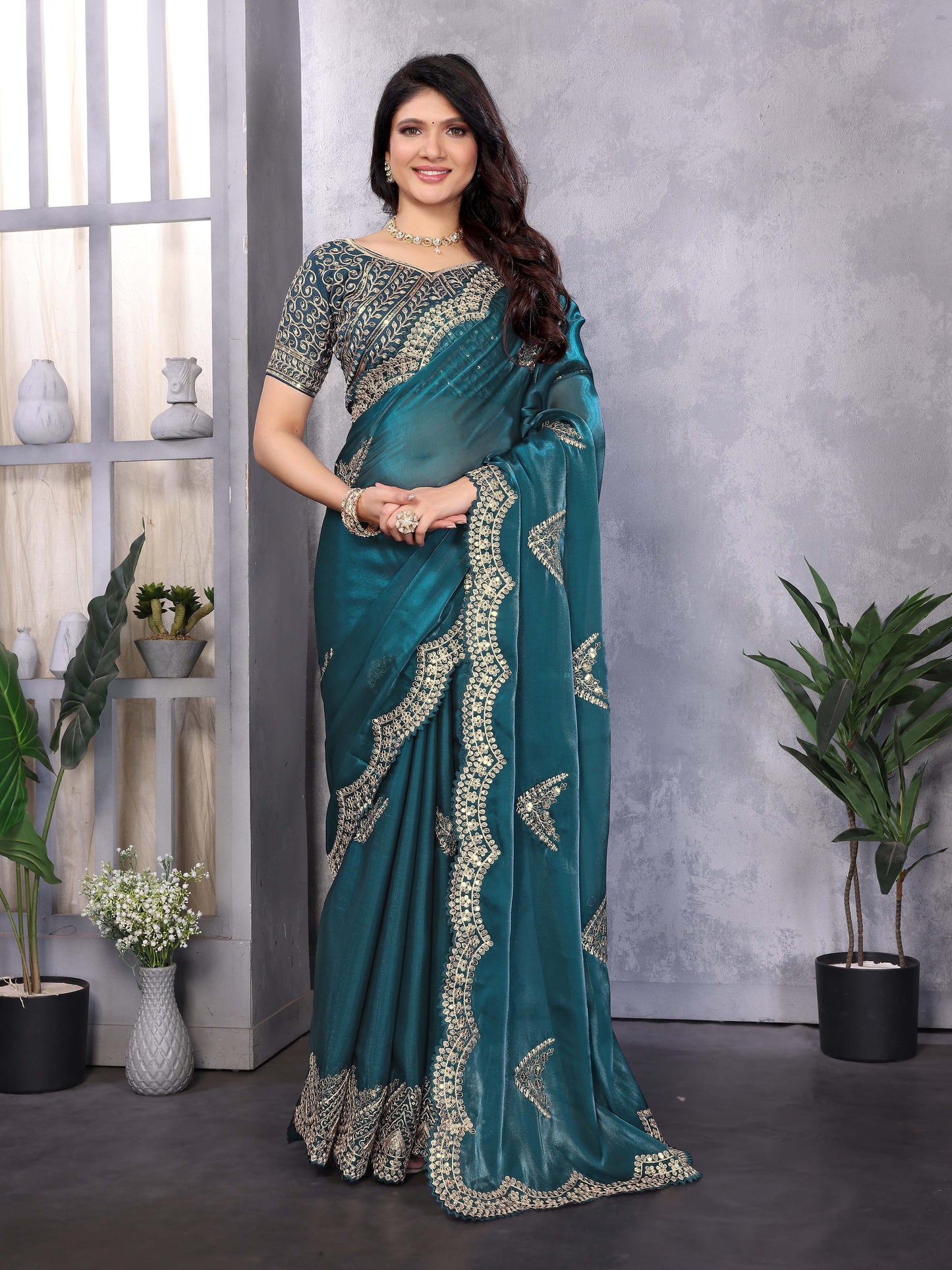 New Teal Color Chiffon Embroidery Work Party Wear Saree