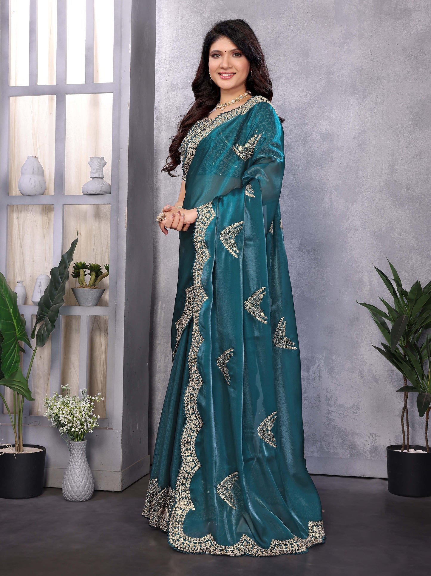 New Teal Color Chiffon Embroidery Work Party Wear Saree