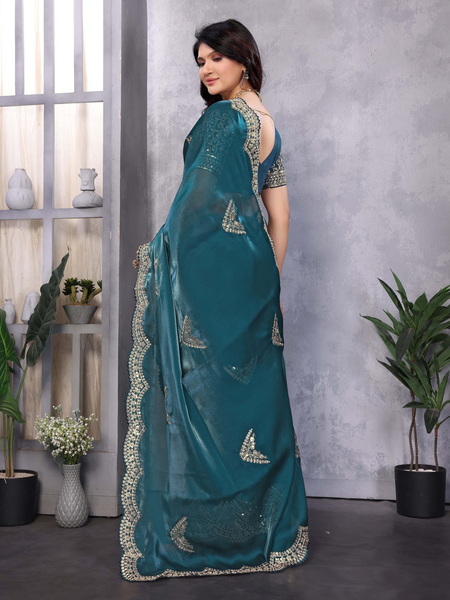 New Teal Color Chiffon Embroidery Work Party Wear Saree