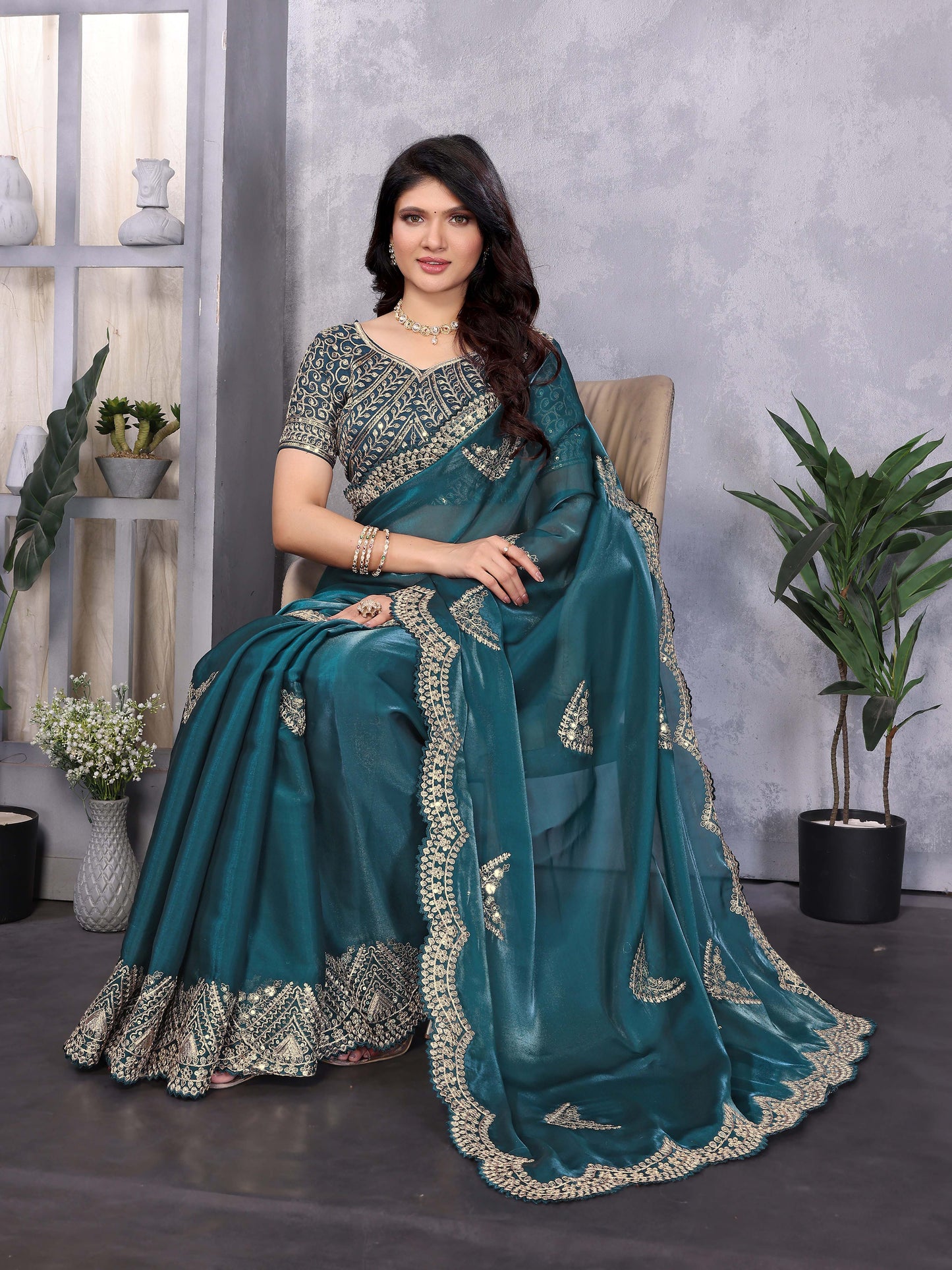New Teal Color Chiffon Embroidery Work Party Wear Saree