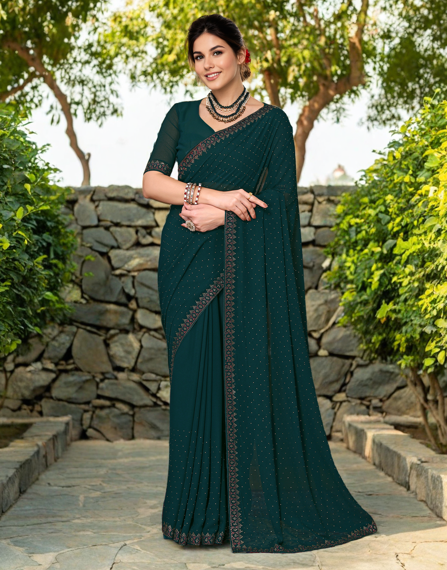 Green Color Rangoli Dimond Work Party Wear Saree