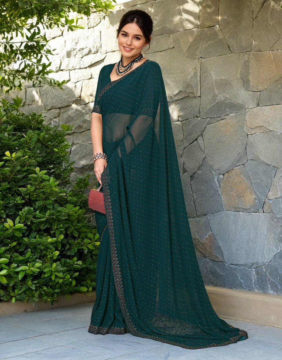 Green Color Rangoli Dimond Work Party Wear Saree