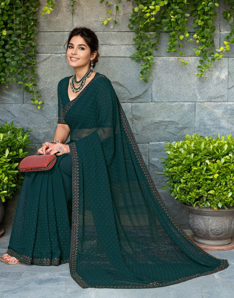 Green Color Rangoli Dimond Work Party Wear Saree