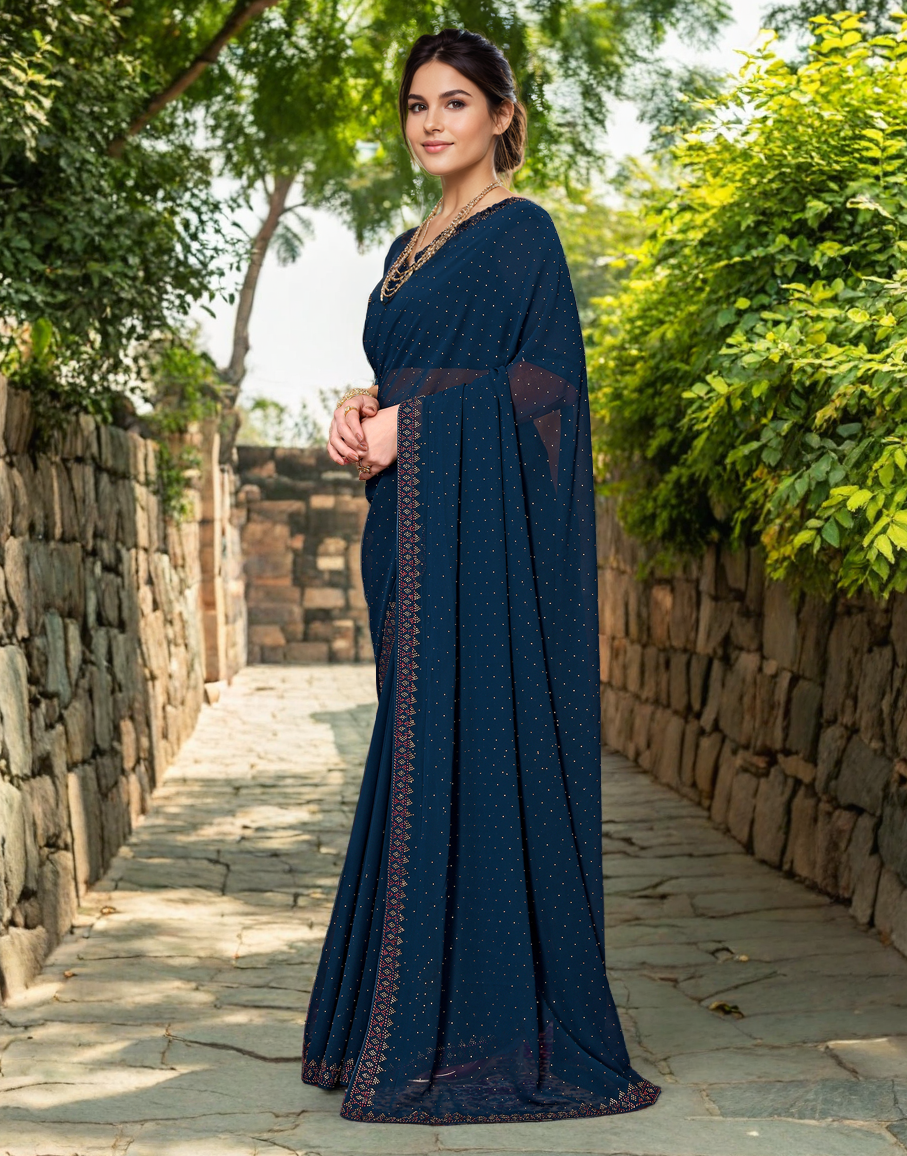 Teal Color Rangoli Dimond Work Party Wear Saree