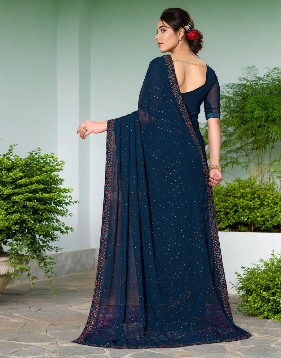 Teal Color Rangoli Dimond Work Party Wear Saree