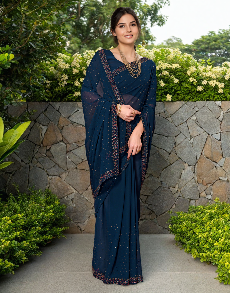Teal Color Rangoli Dimond Work Party Wear Saree