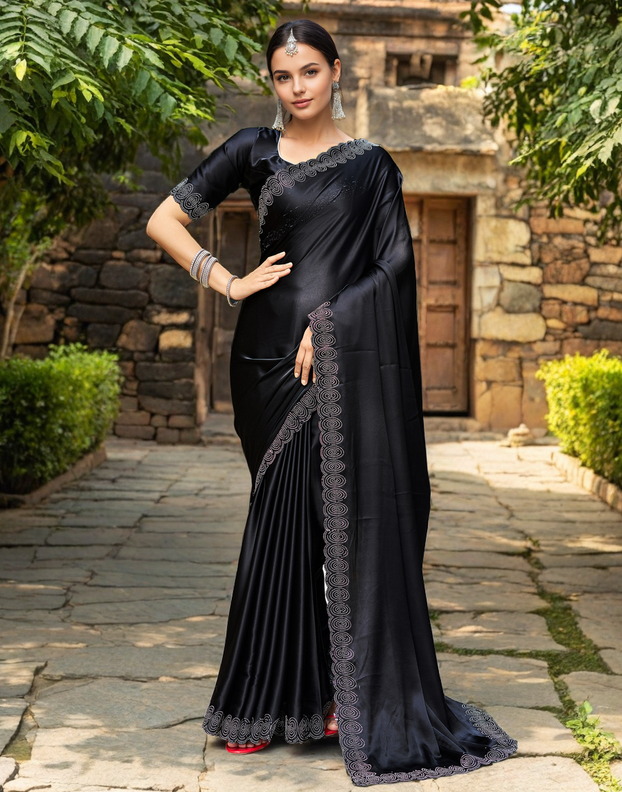 Rangoli Silk Siroski Work Party Wear Saree (Black)