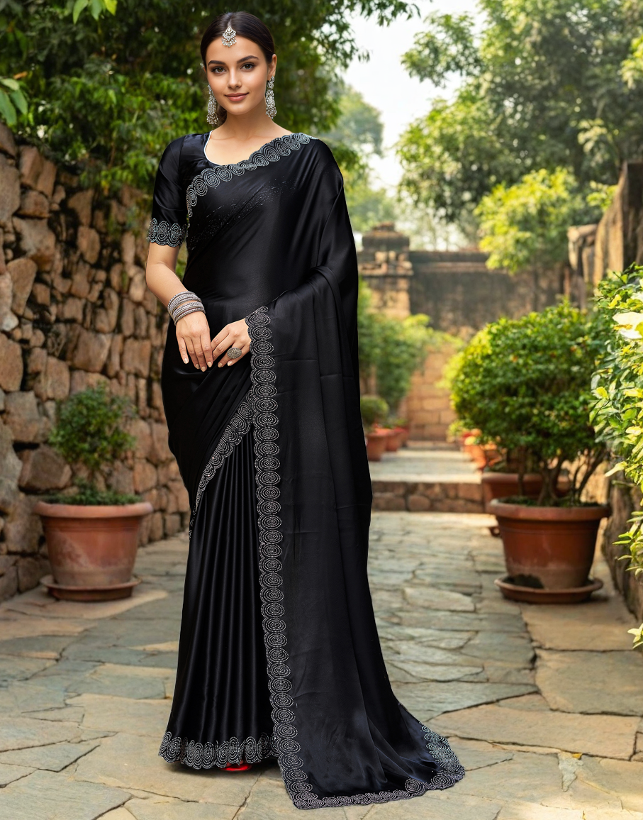 Rangoli Silk Siroski Work Party Wear Saree (Black)