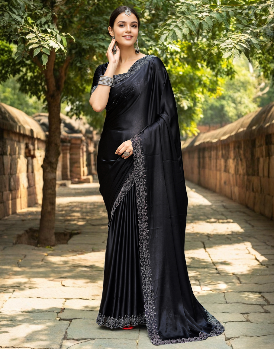 Rangoli Silk Siroski Work Party Wear Saree (Black)