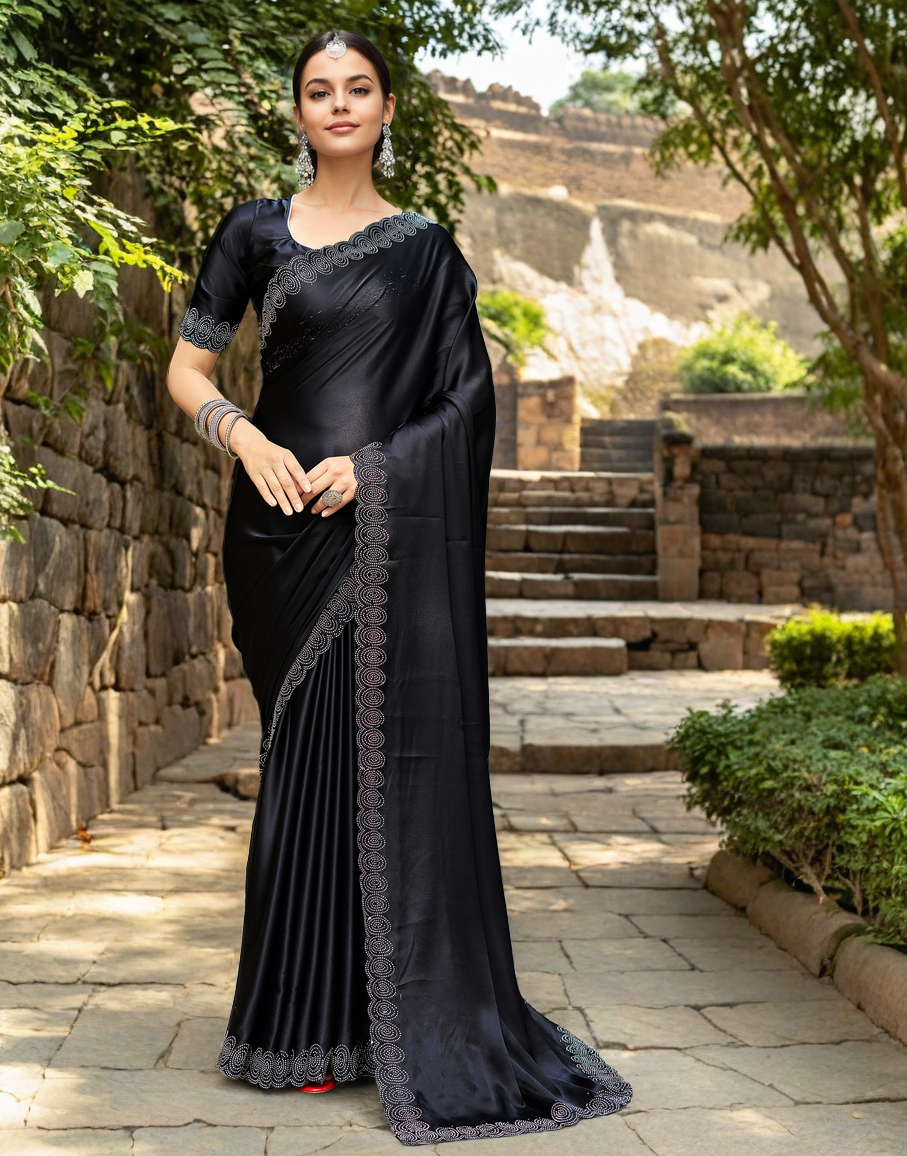 Rangoli Silk Siroski Work Party Wear Saree (Black)