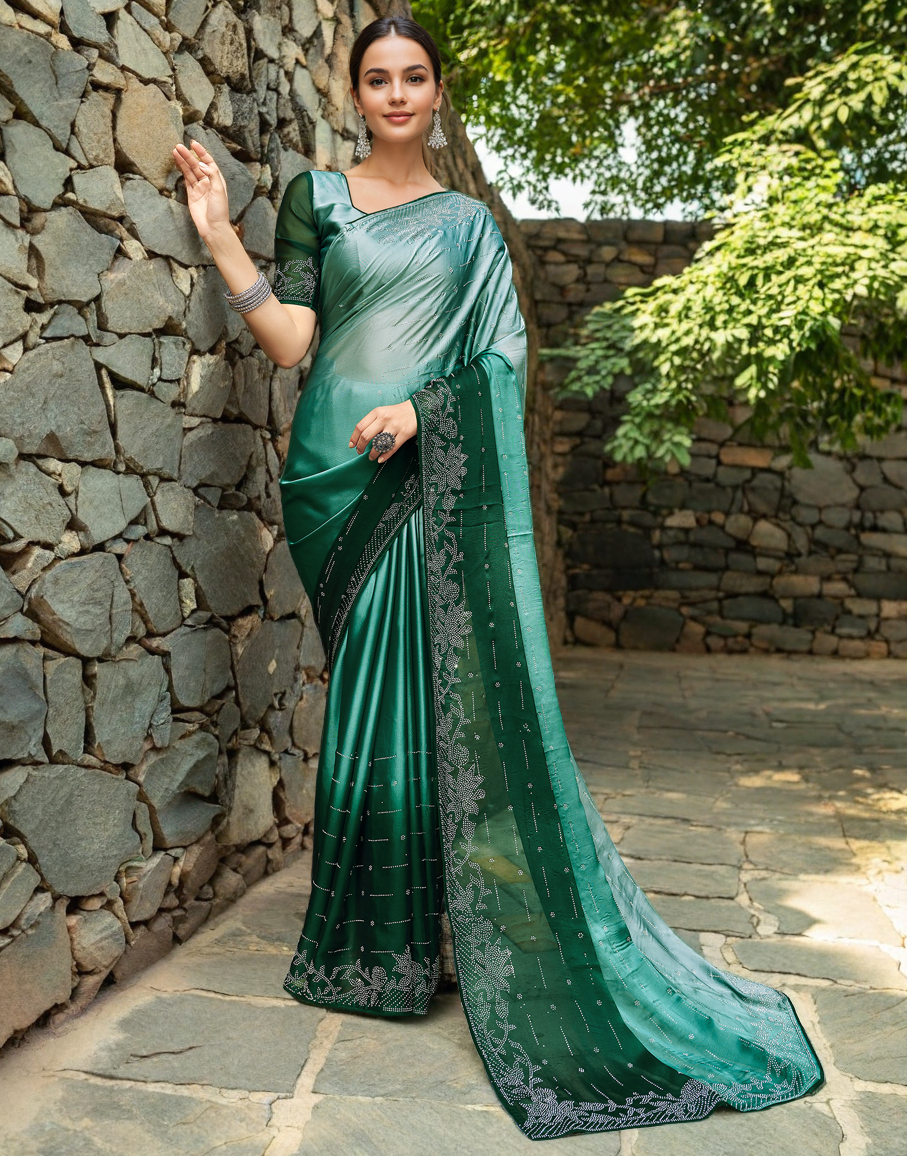 Rangoli Silk Siroski Work Party Wear Saree (Green)