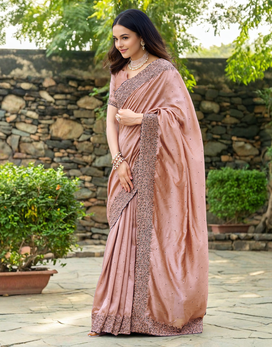 Rangoli Silk Siroski Work Party Wear Saree (Peach)