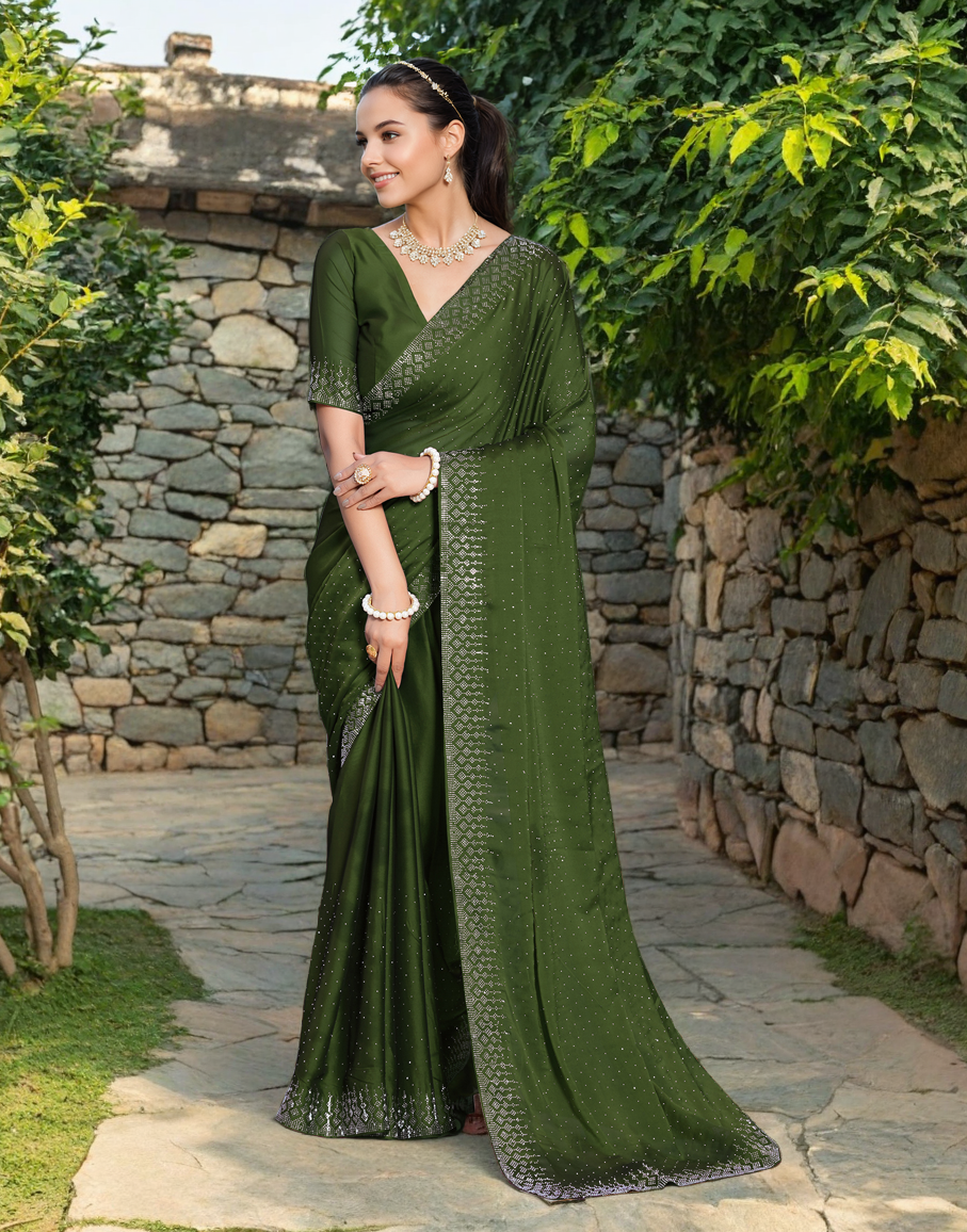 Mehendi Color Rangoli Saree with Diamond Work