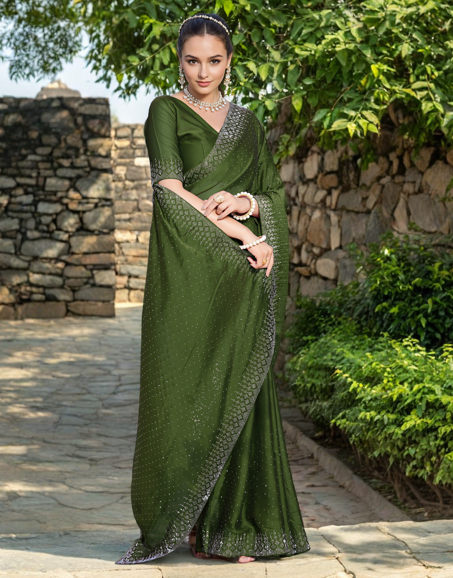 Mehendi Color Rangoli Saree with Diamond Work