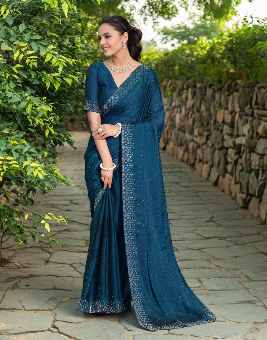 Teal Color Rangoli Saree with Diamond Work