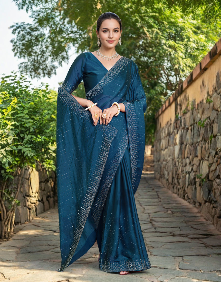 Teal Color Rangoli Saree with Diamond Work