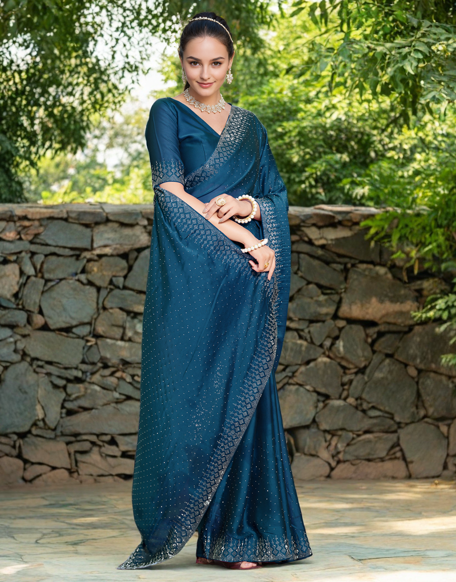Teal Color Rangoli Saree with Diamond Work