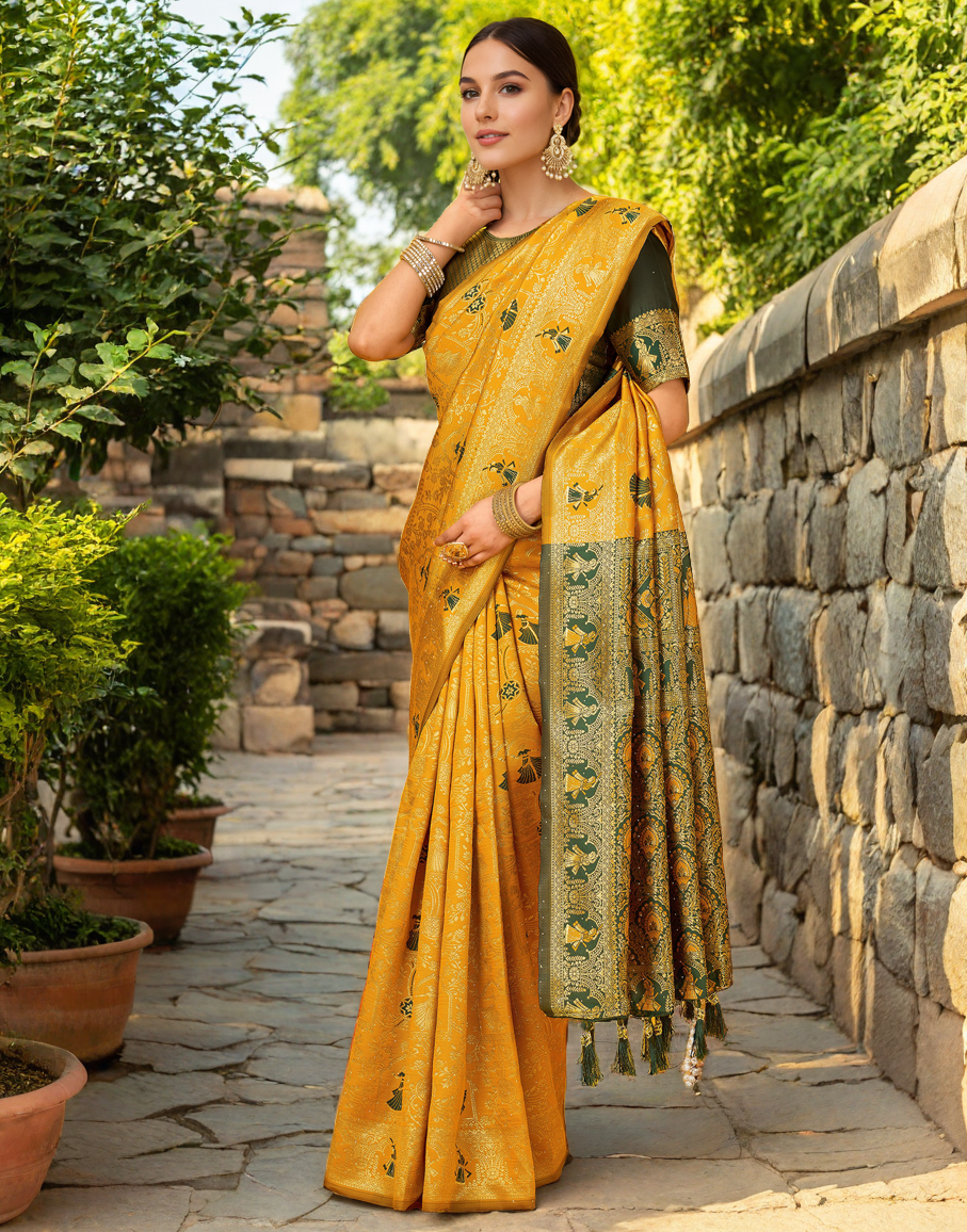 Amazing Musturd Color Silk Weaving Work Paithani Party Wear Saree