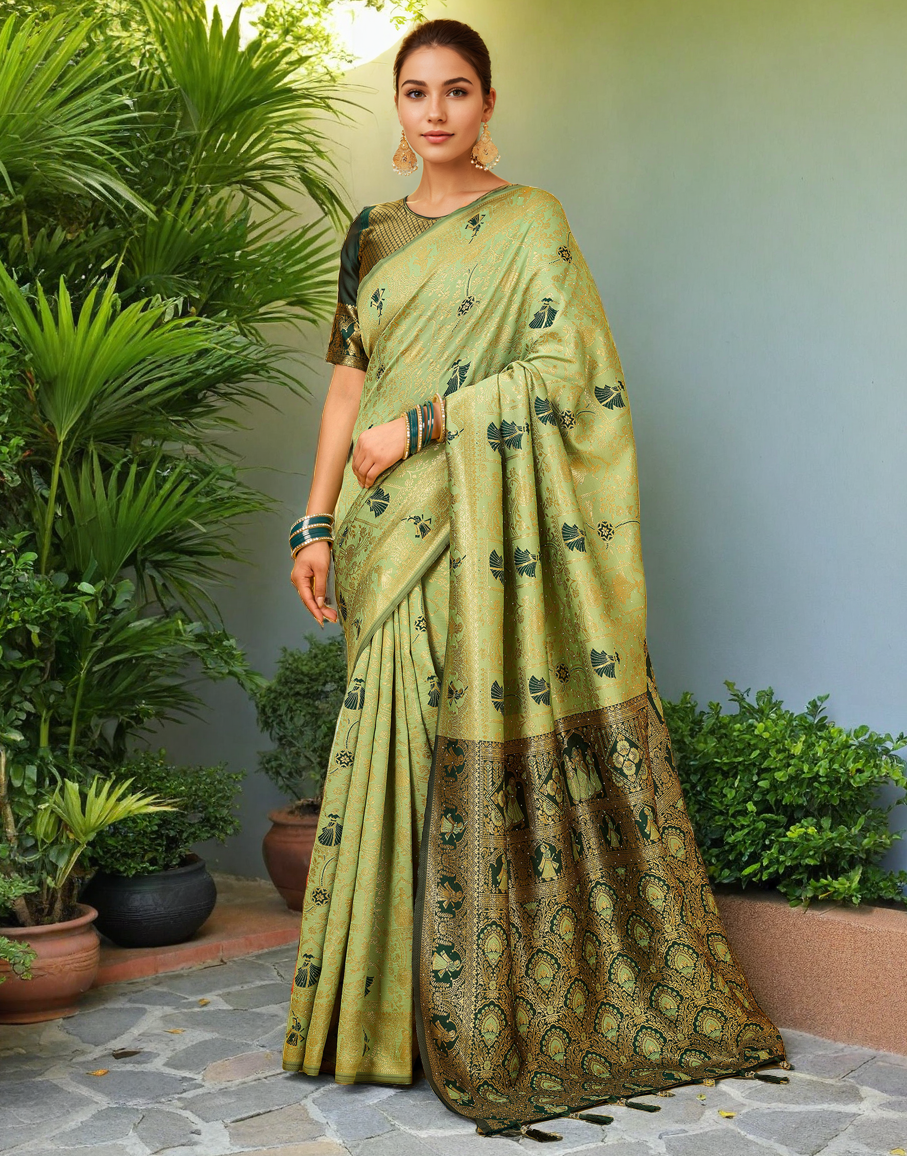 Amazing Olive Green Color Silk Weaving Work Paithani Party Wear Saree