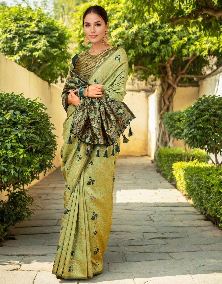 Amazing Olive Green Color Silk Weaving Work Paithani Party Wear Saree