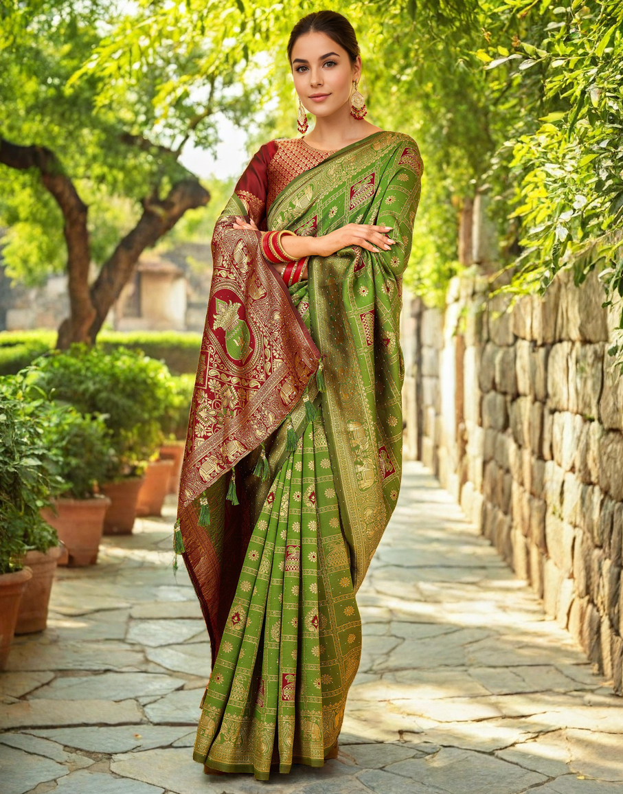 Lime Green Color Silk Weaving Work Paithani Designer Saree