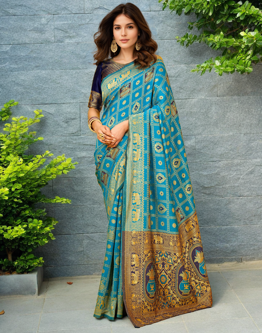 Tarquoise Color Silk Weaving Work Paithani Designer Saree
