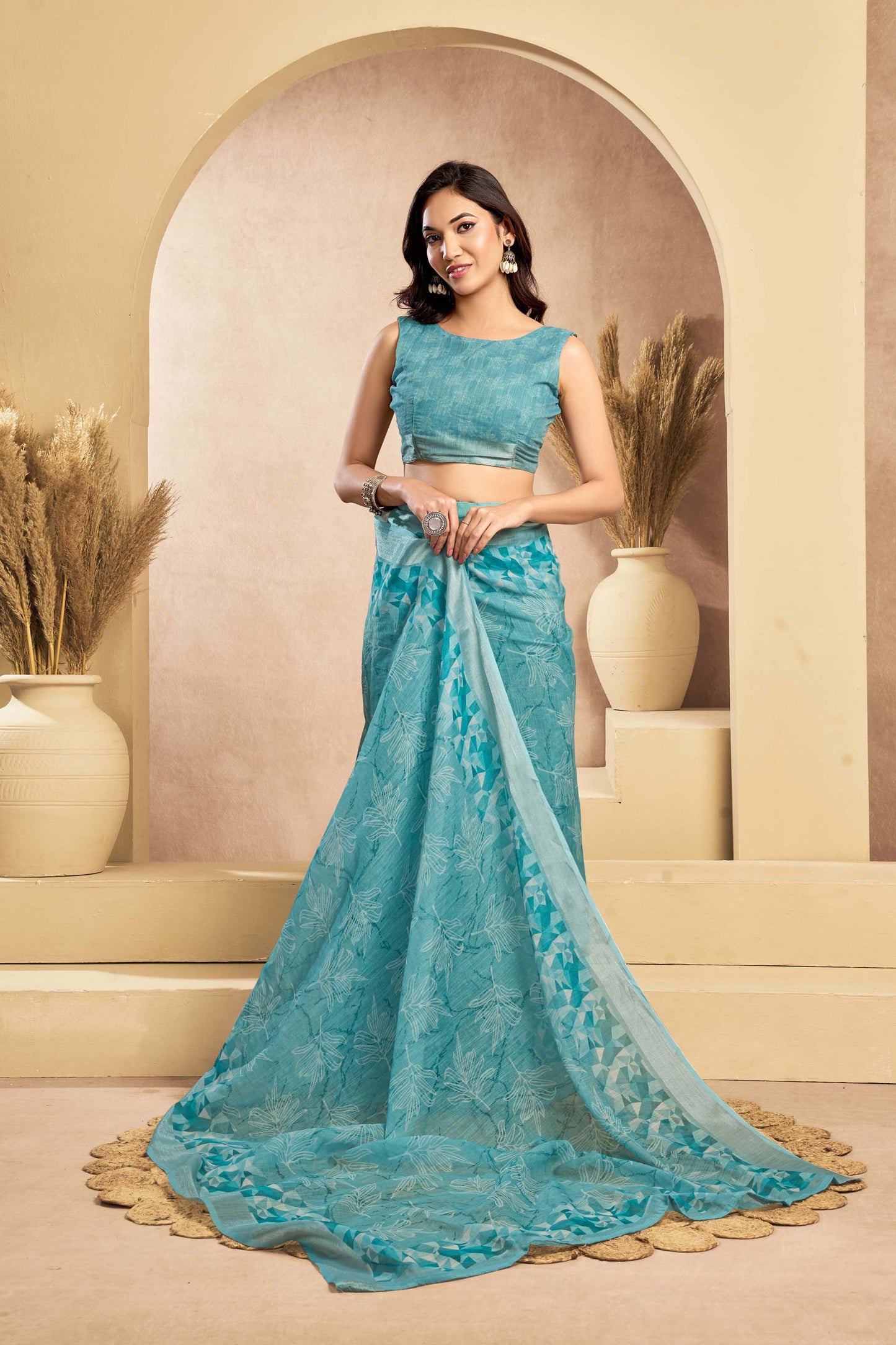 Ready-to-Wear Saree – Aqua Linen with Pocket | Vastraan