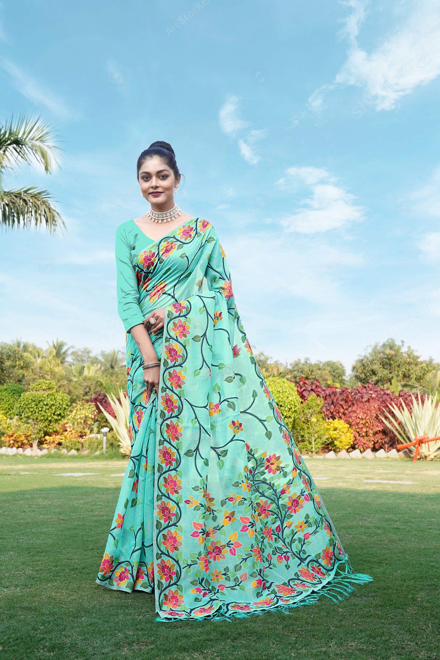 Soft cotton Sky blue Color Jamdani Saree