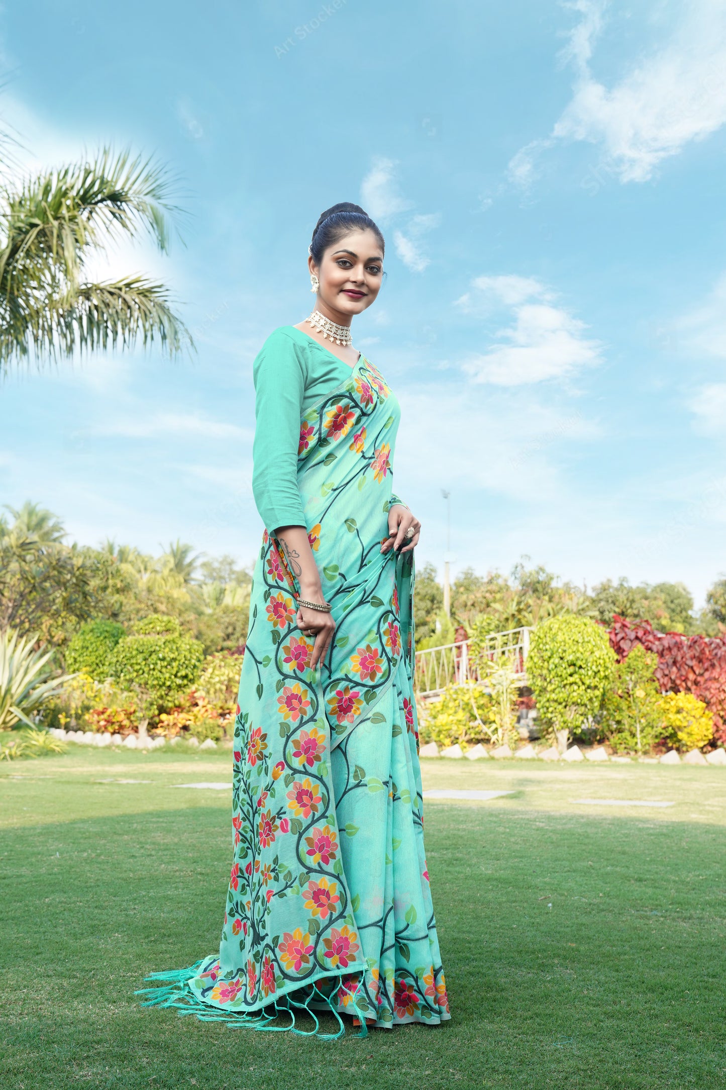Soft cotton Sky blue Color Jamdani Saree