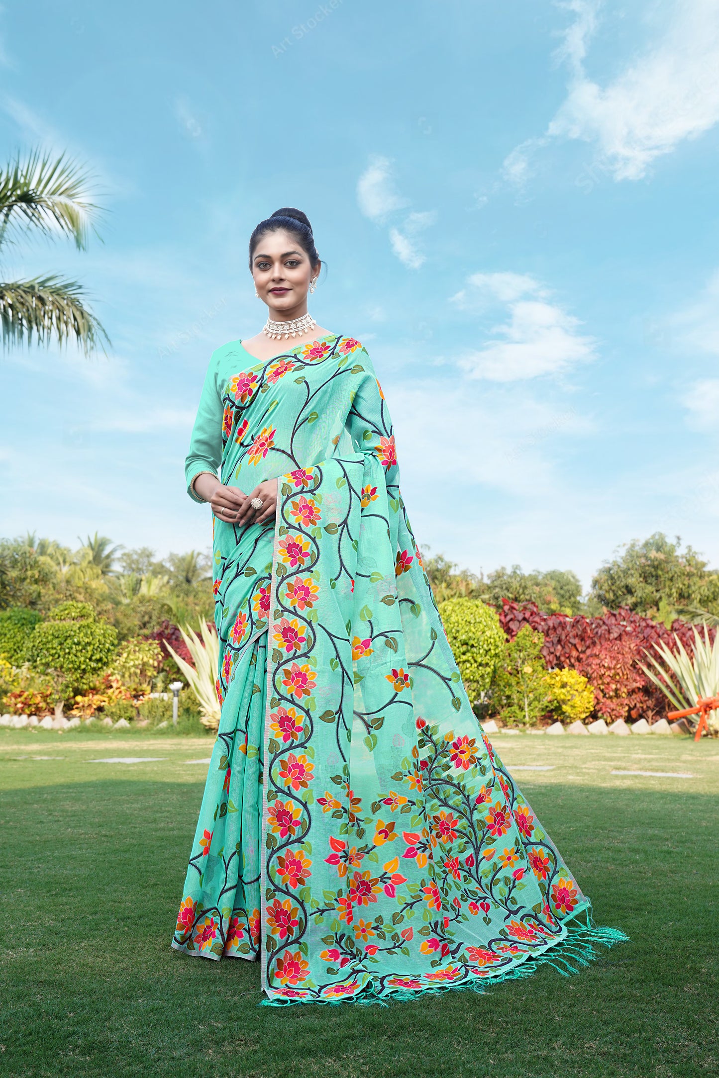 Soft cotton Sky blue Color Jamdani Saree
