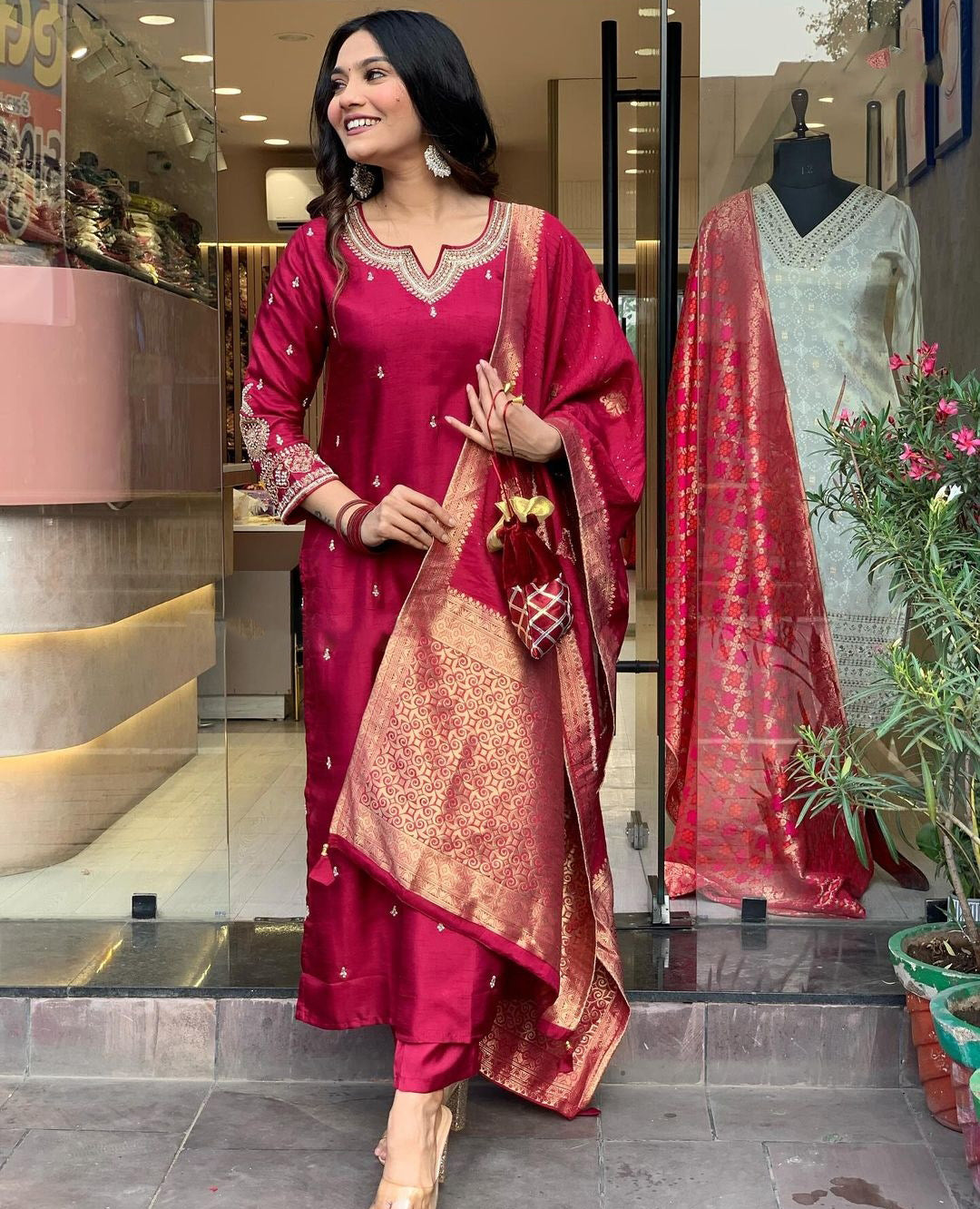 Purple Color Embroidered Work Kurti Set