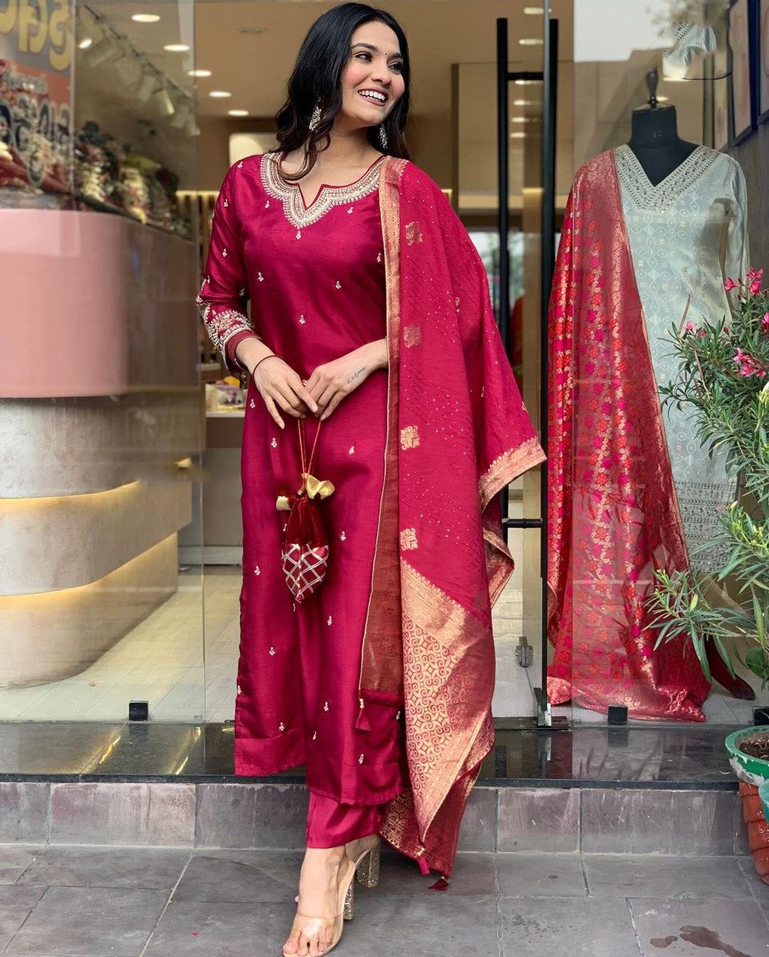 Purple Color Embroidered Work Kurti Set