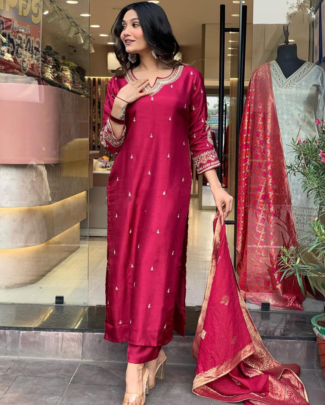 Purple Color Embroidered Work Kurti Set