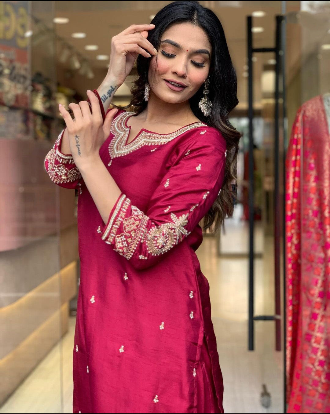 Purple Color Embroidered Work Kurti Set