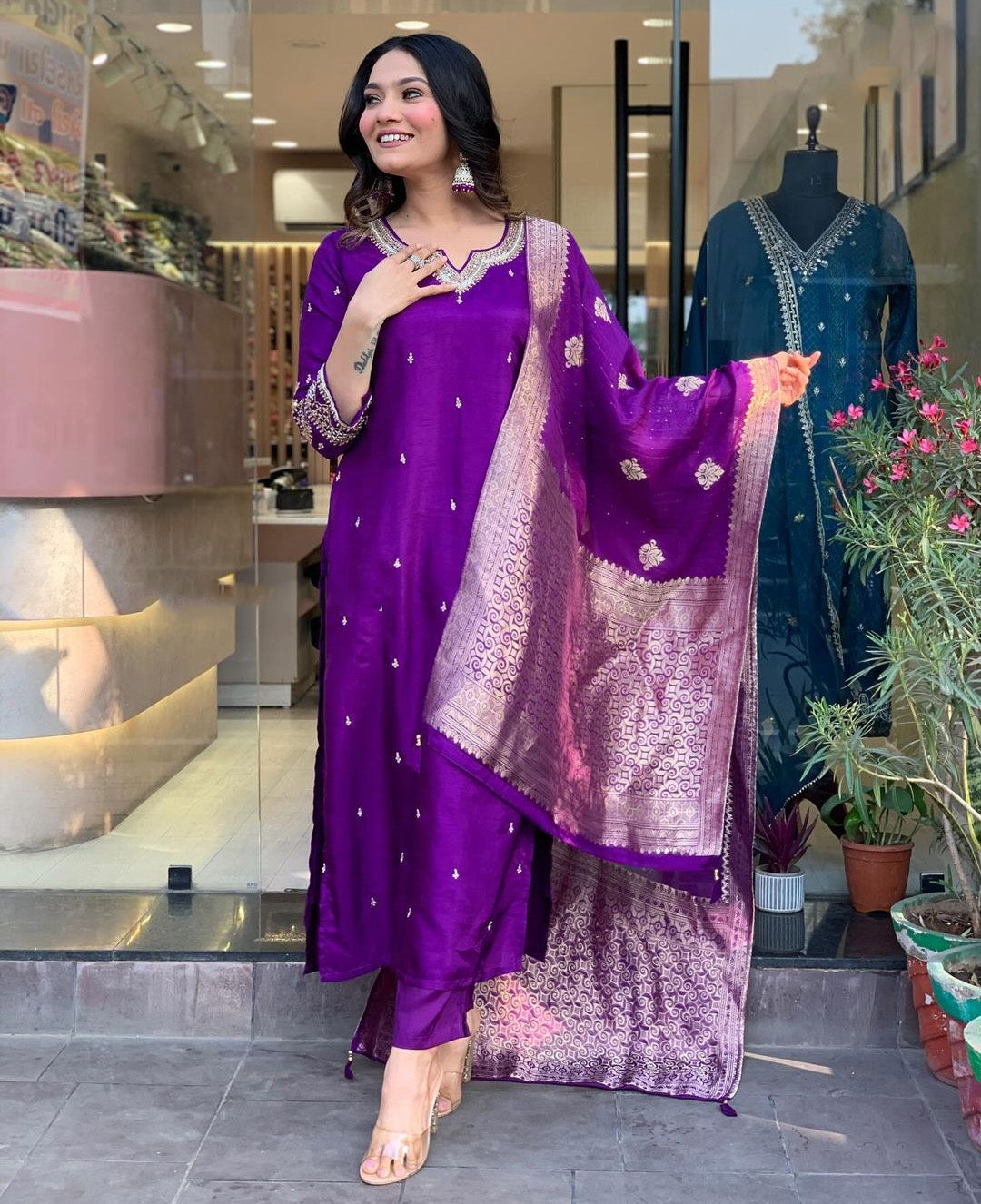 Purple Color Embroidered Work Kurti Set