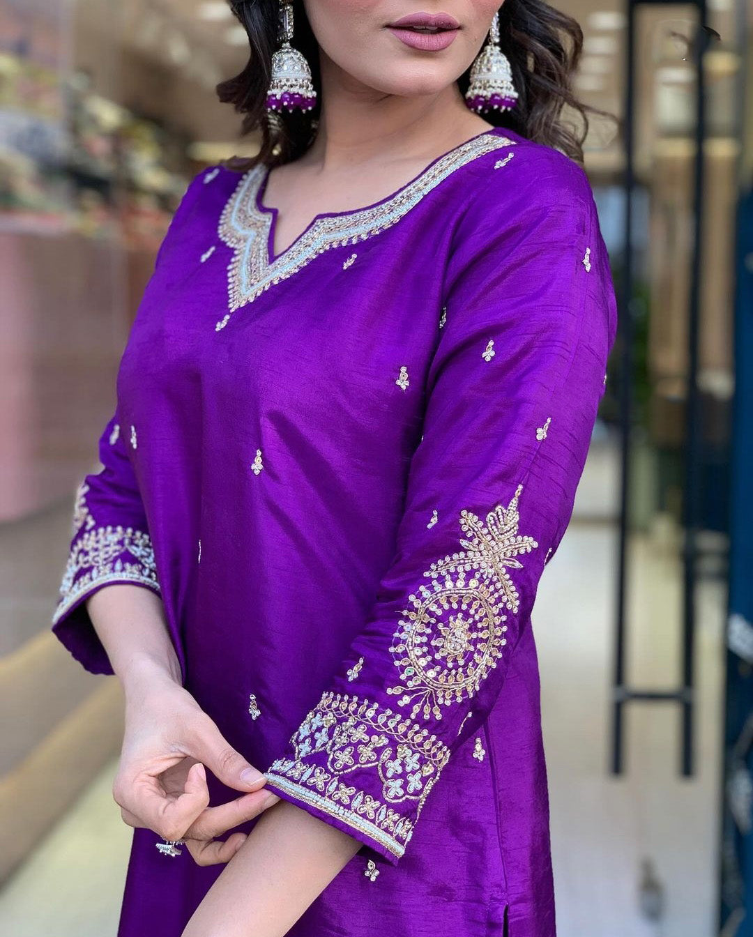 Purple Color Embroidered Work Kurti Set