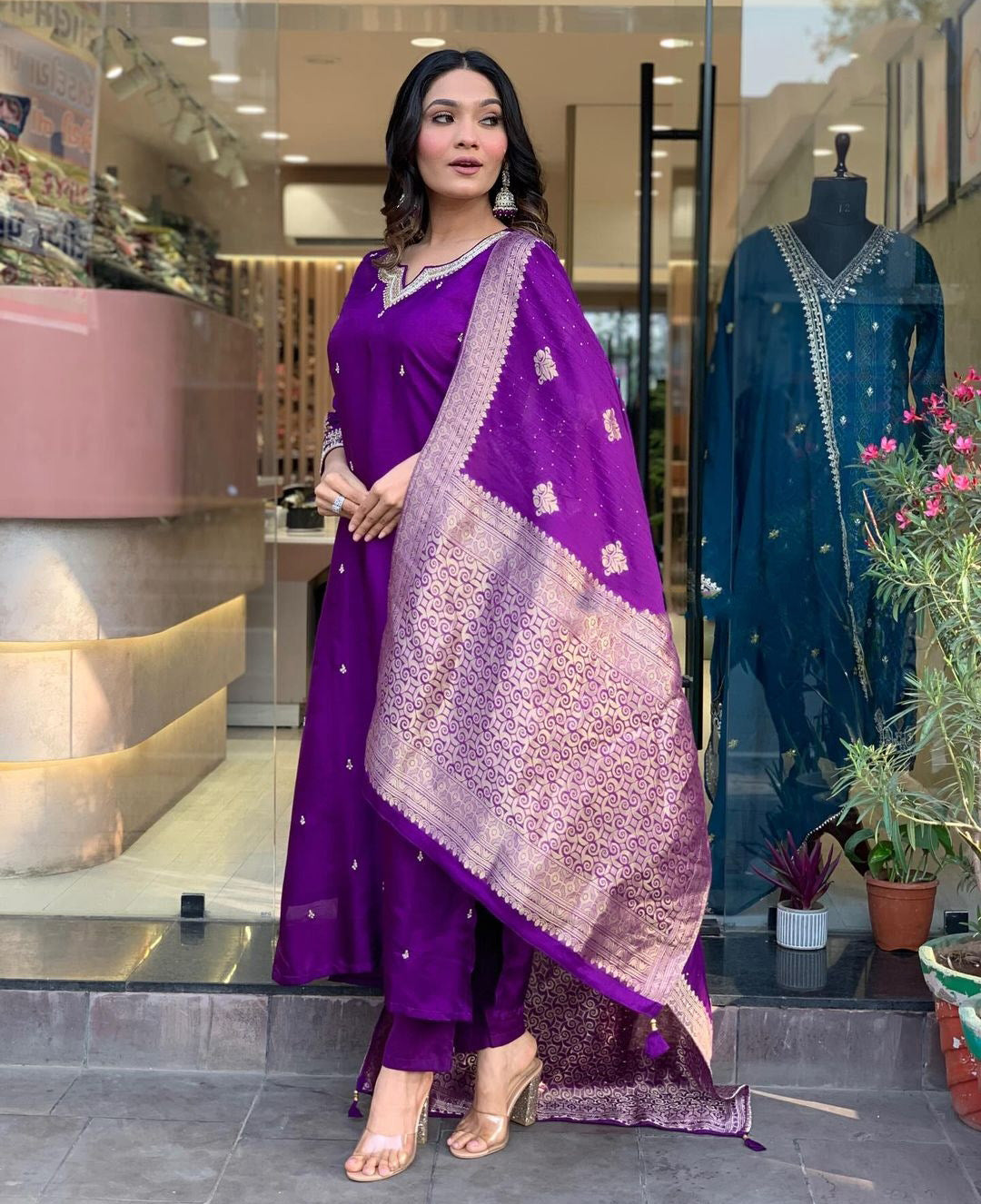Purple Color Embroidered Work Kurti Set
