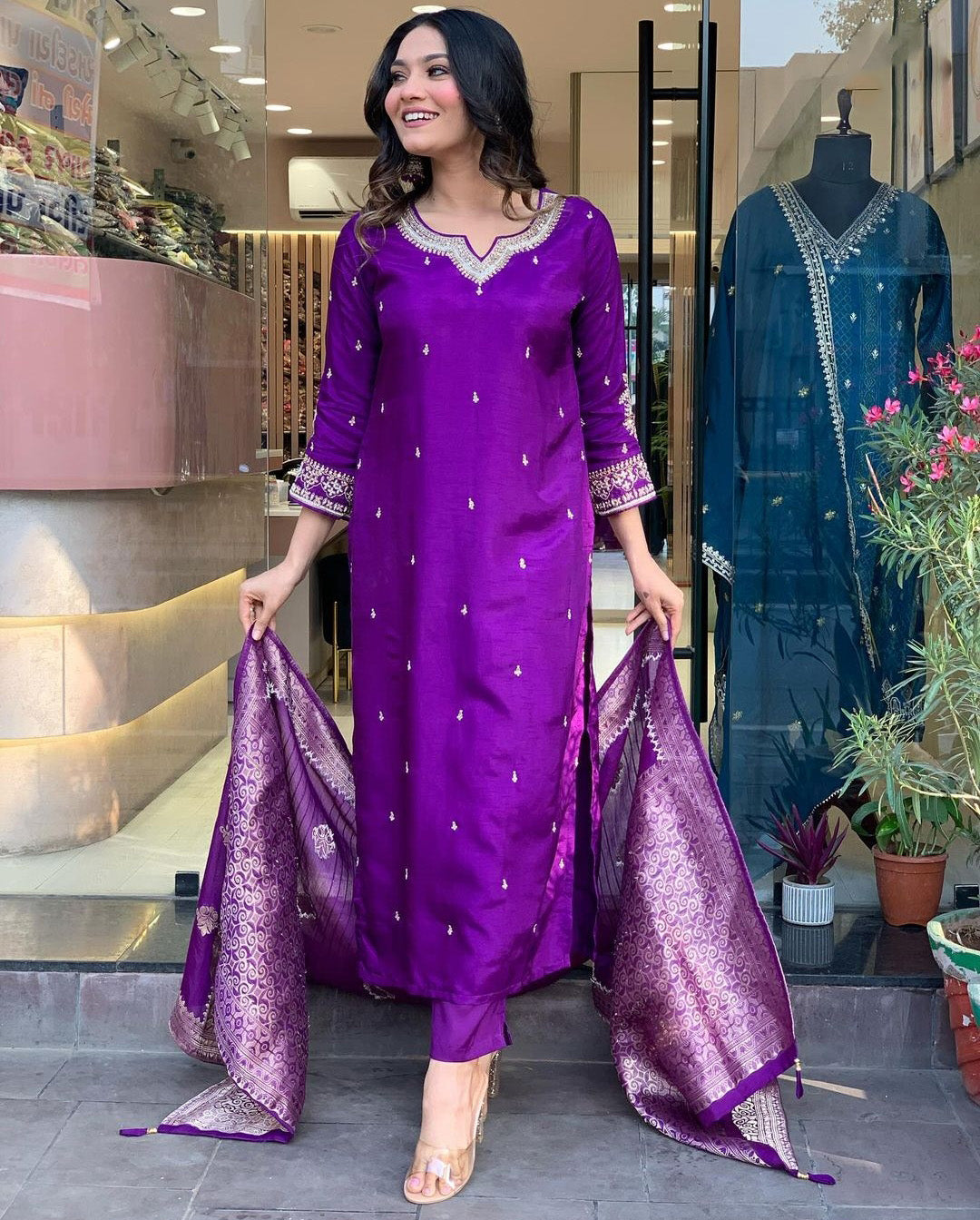 Purple Color Embroidered Work Kurti Set