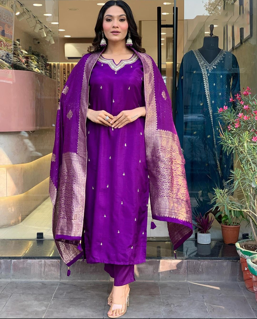 Purple Color Embroidered Work Kurti Set