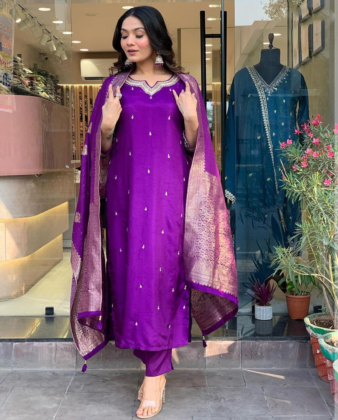 Purple Color Embroidered Work Kurti Set