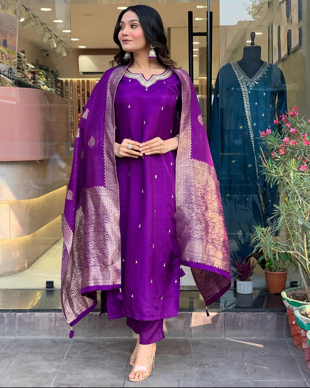 Purple Color Embroidered Work Kurti Set