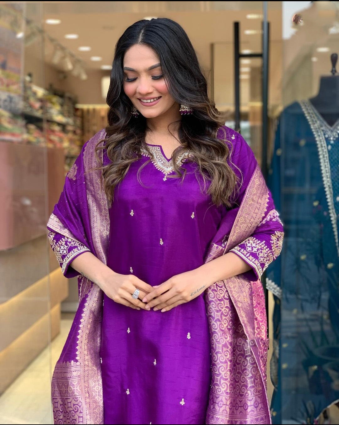 Purple Color Embroidered Work Kurti Set