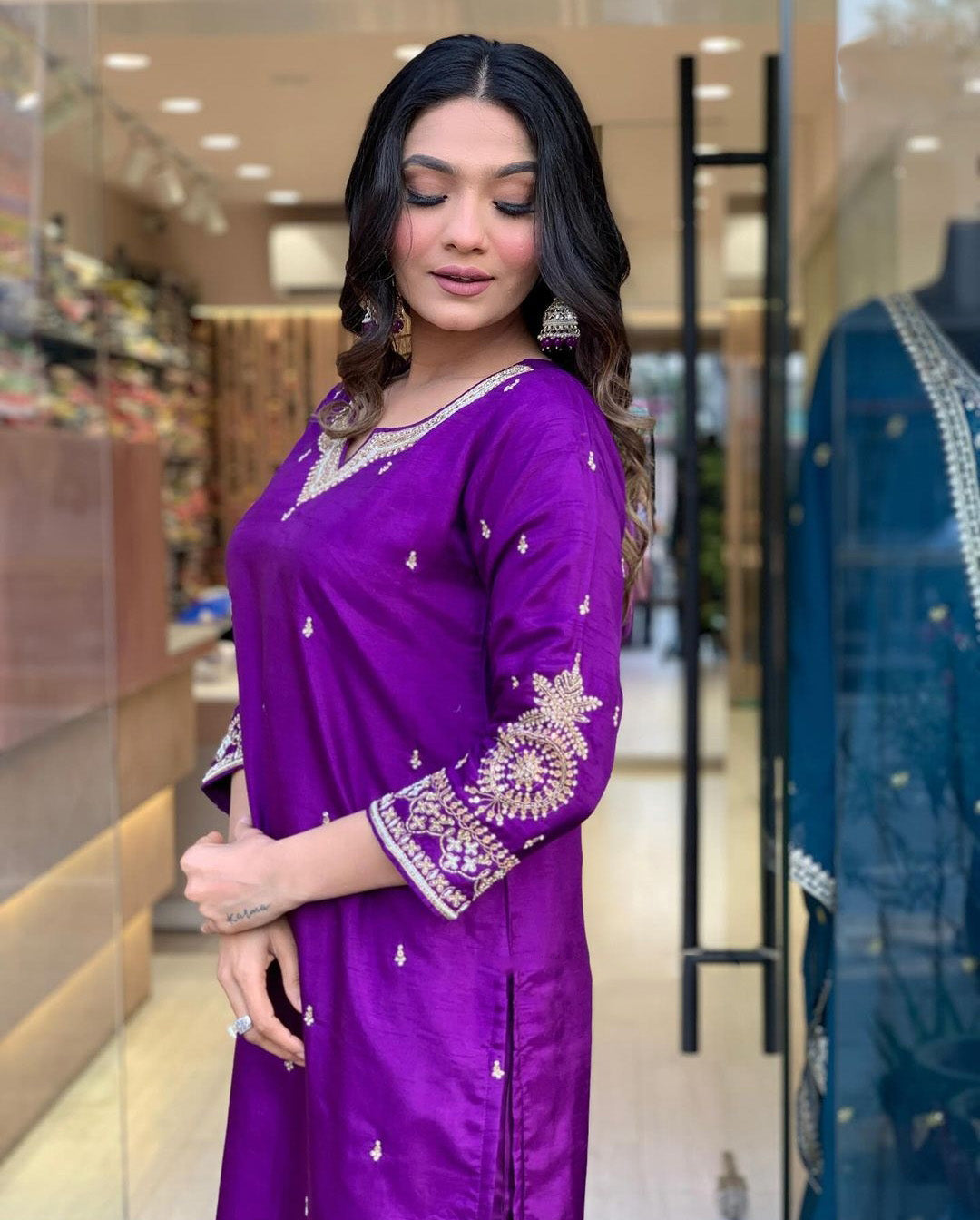 Purple Color Embroidered Work Kurti Set