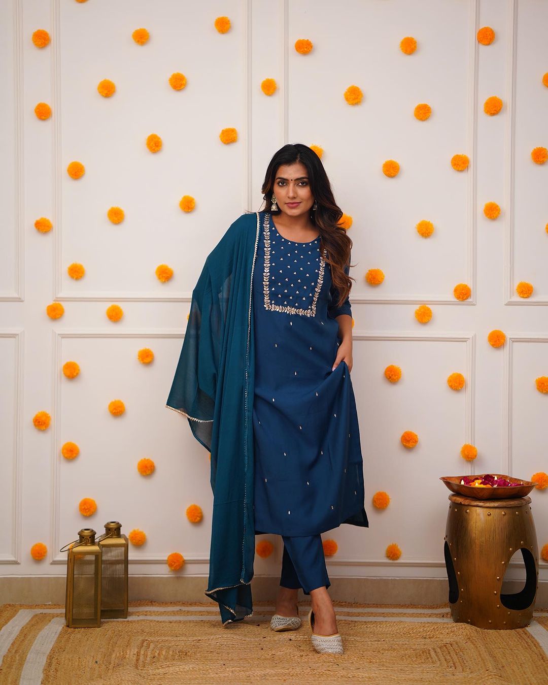 Blue Color Rayon Slub Casual Kurti Pant Set