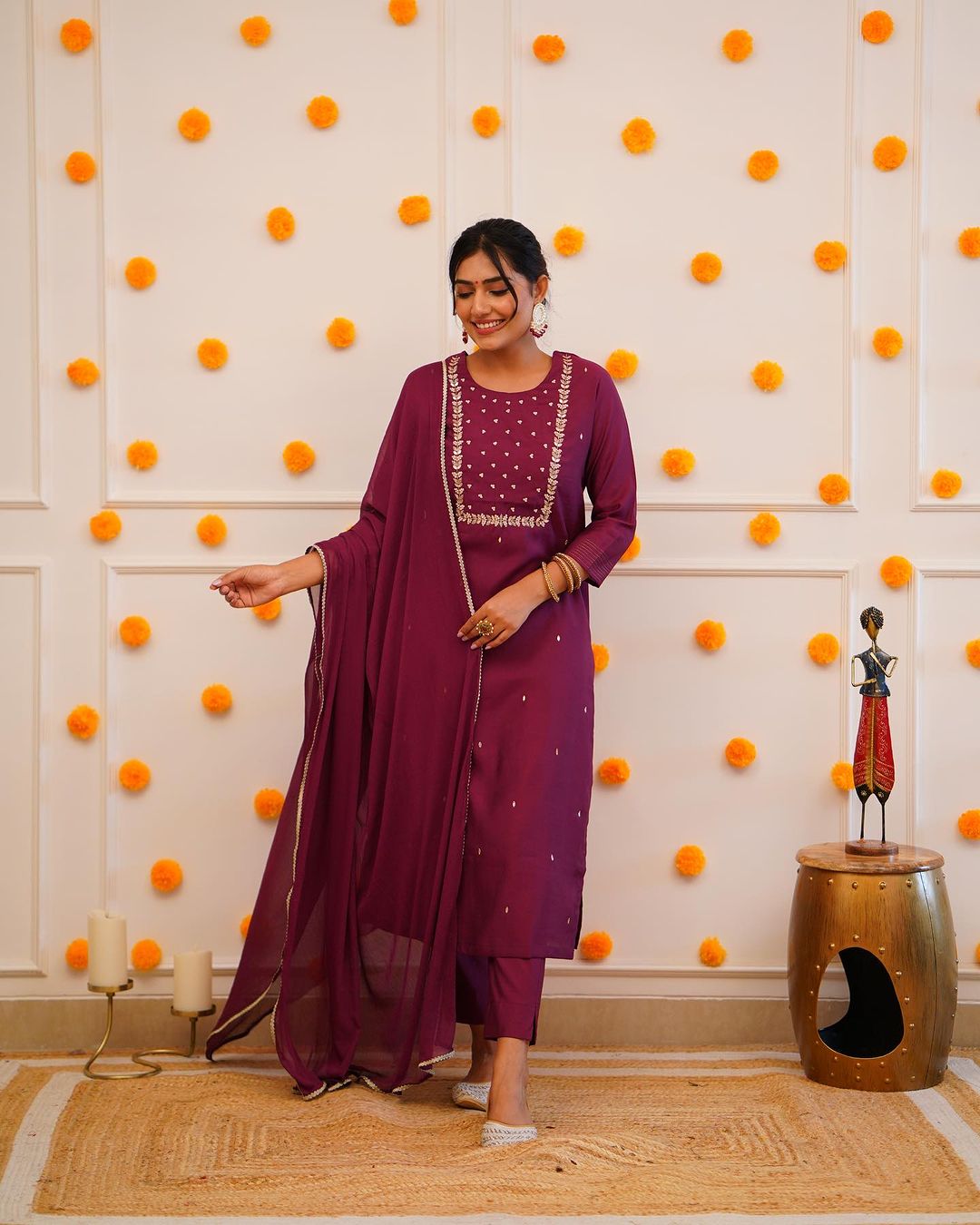 Purple Color Rayon Slub Casual Kurti Pant Set