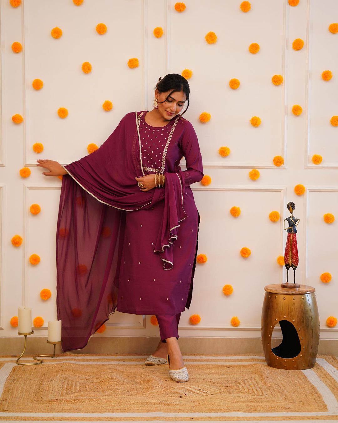 Purple Color Rayon Slub Casual Kurti Pant Set