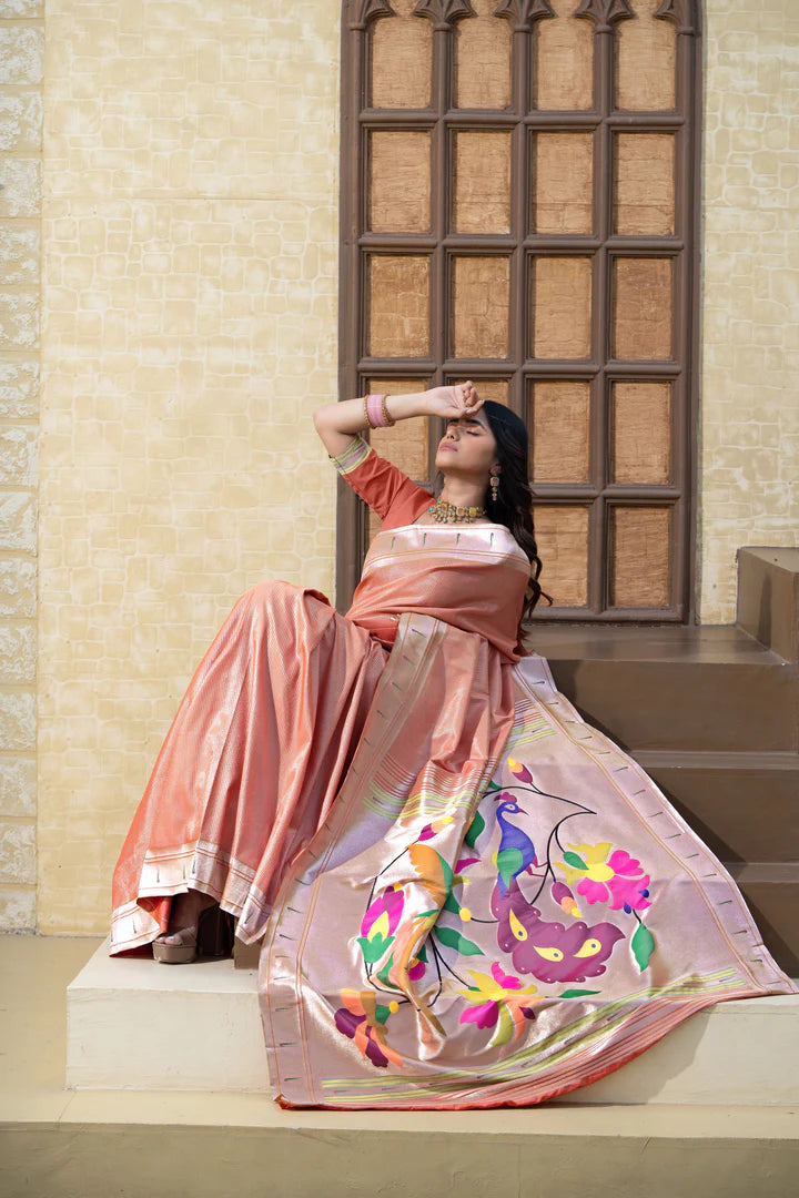 Elegant Red Paithani Saree With Zari Border
