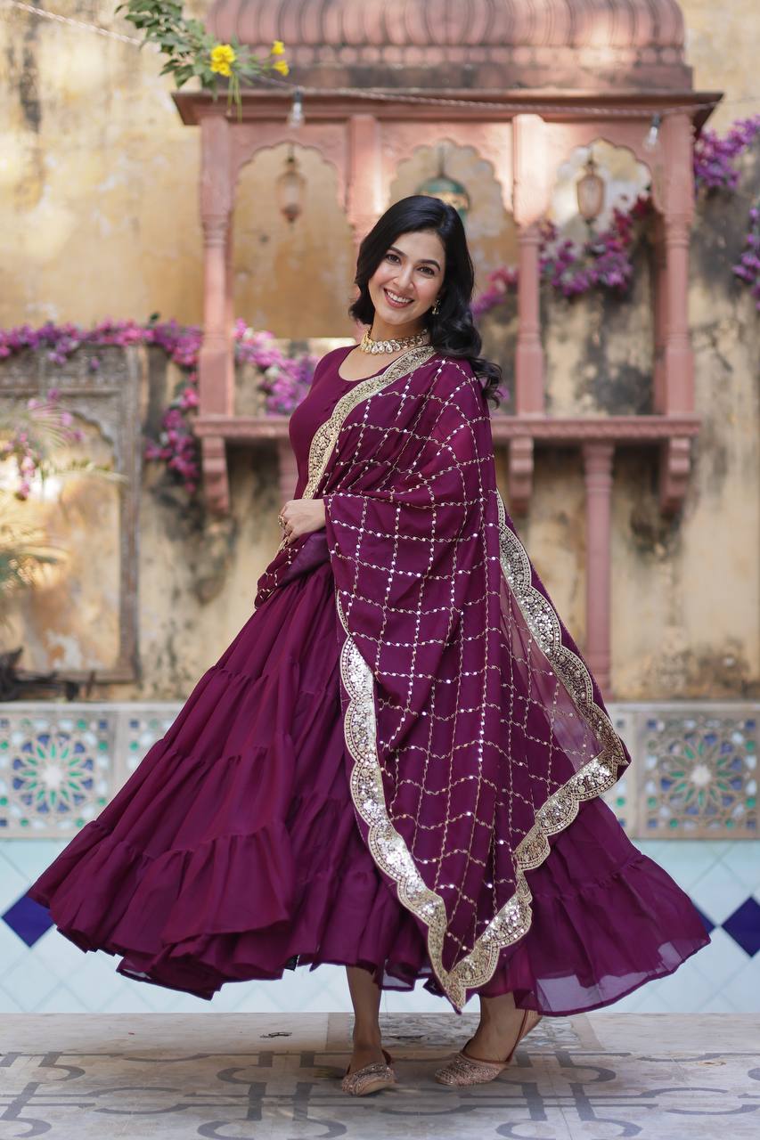 Amazing Maroon Color Georgette Frill Work Party Wear Gown